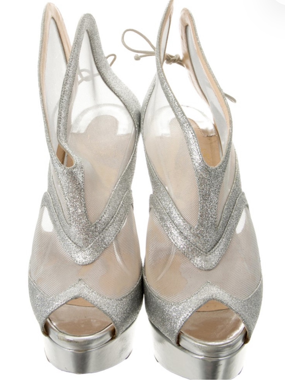 Christian Louboutin Silver Glitter High Heel Sandals with Mesh Panels - Picture 3 of 4